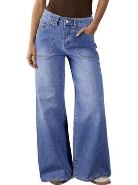 Women's Bluing High Waisted Wide Leg Jeans Denim Pants Front Patch Pockets
